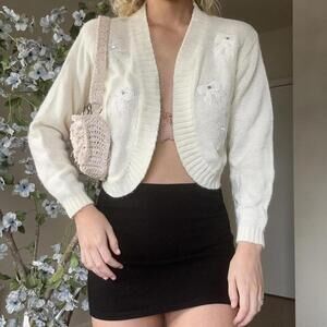 Vintage Jamie Scott Ivory Bow’s & Sequined Cropped Knit Cardigan Sweater Size L